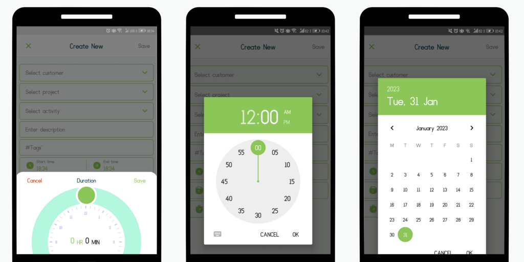 Mobile screenshots showing the three steps to use the time and date picker