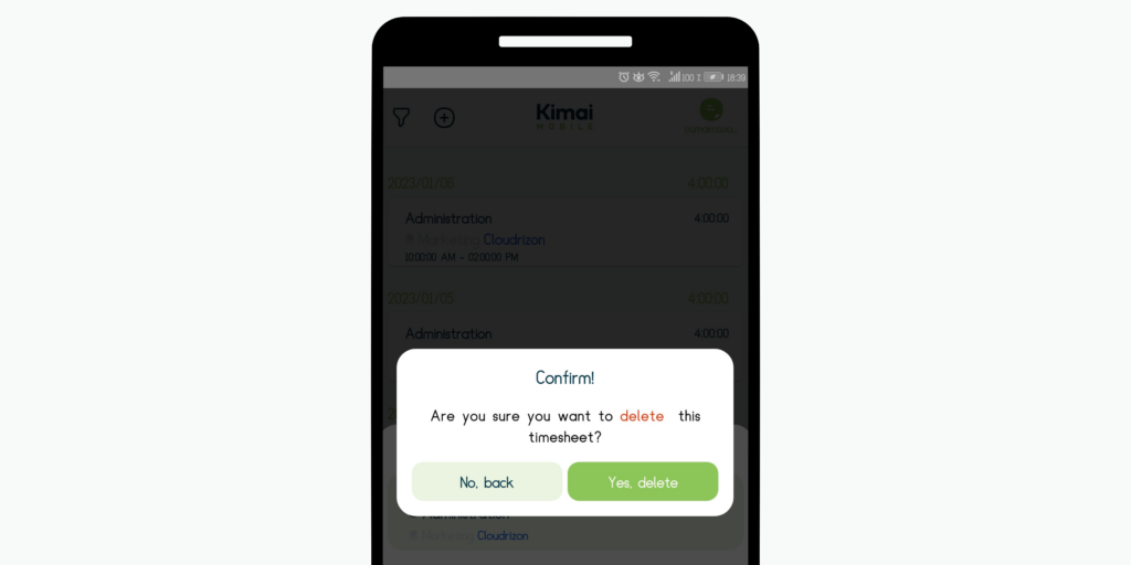Delete an entry feature of the Kimai Mobile app
