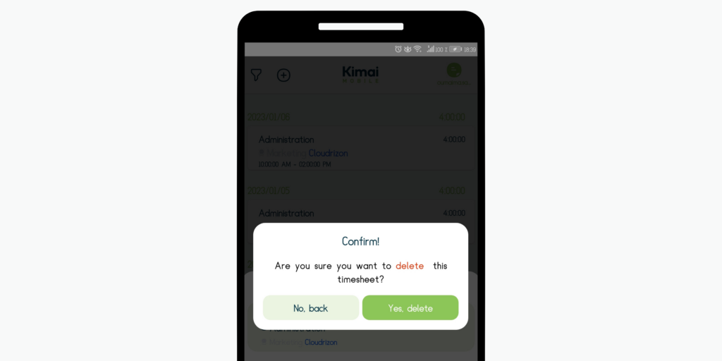 Confirmation message before deleting a timesheet in the Kimai Mobile App