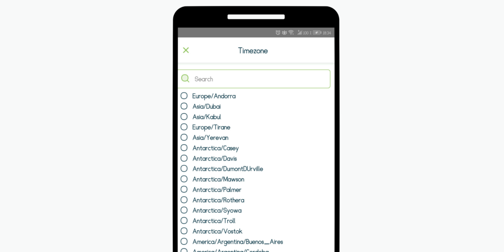 Timezone selection in the Kimai Mobile App