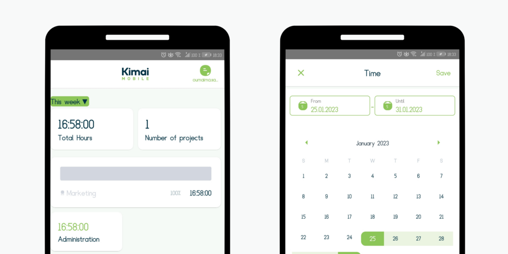 Work report overview of the Kimai Mobile app