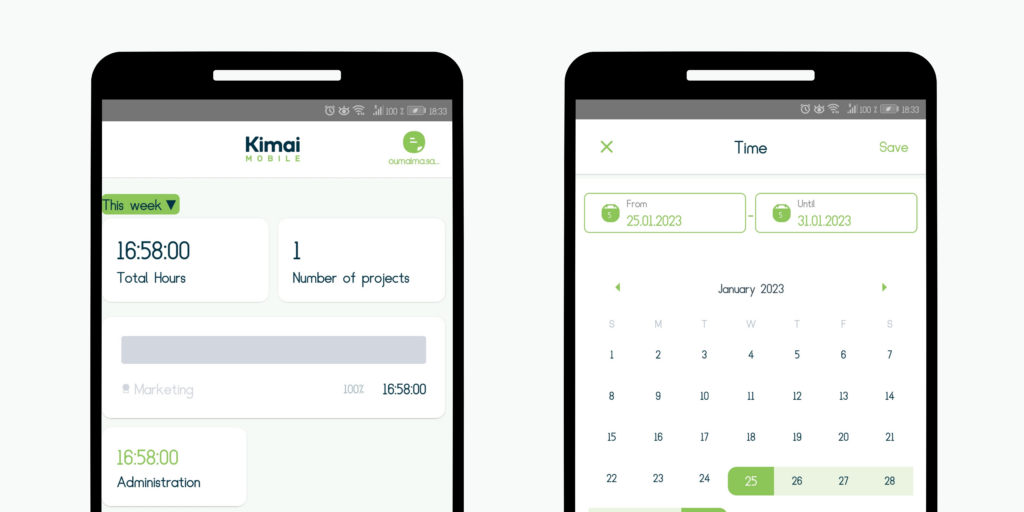 Work report overview, on the left total hours and projects, on the right calendar overview