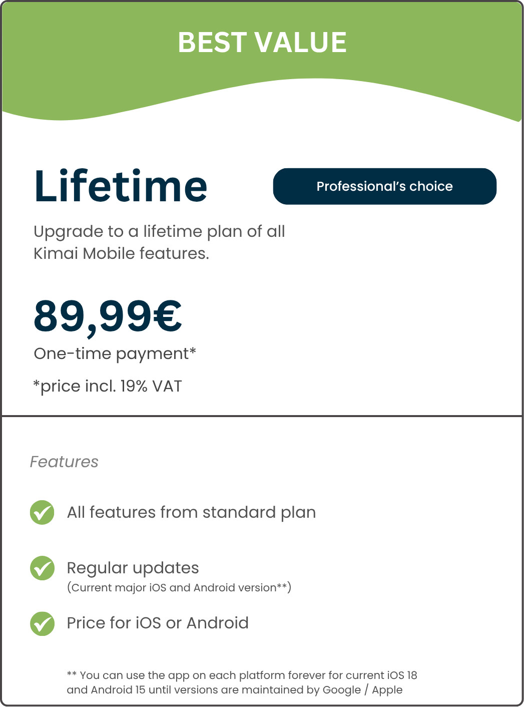 lifetime license price for kimai mobile with all features